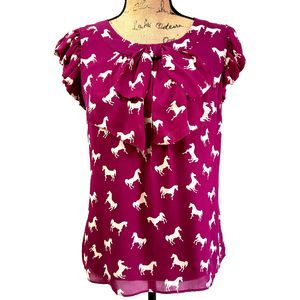 Leifsdottir Womens Blouse SZ 4 Magenta 100% Silk Chiffon Ruffle Bow Horses Print